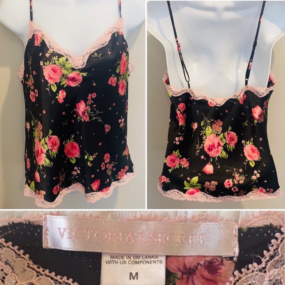 2002 Victoria’s Secret Silky Pink Roses Lace Black Vintage Camisole Tank Top M - Picture 8 of 8